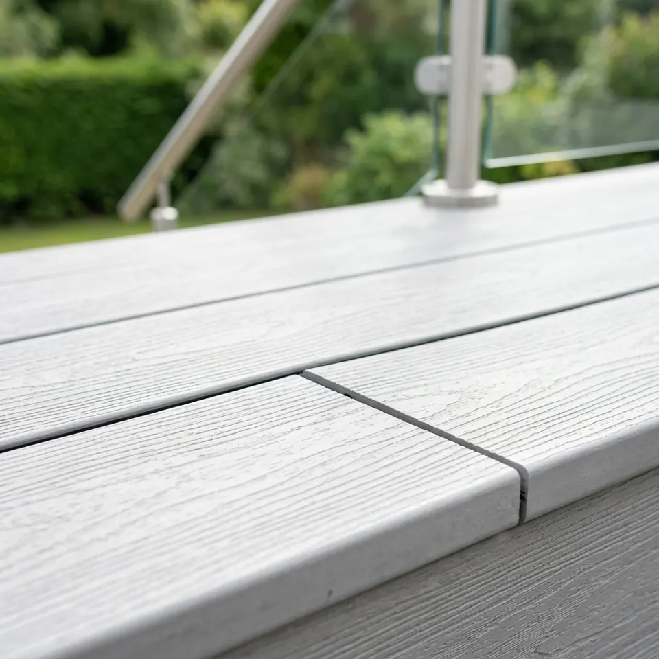 Close-up of finished deck surface and railing