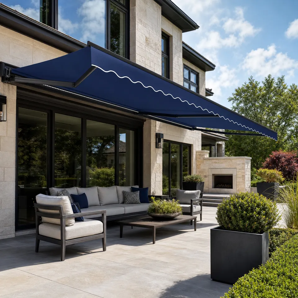 Navy retractable awning over a patio