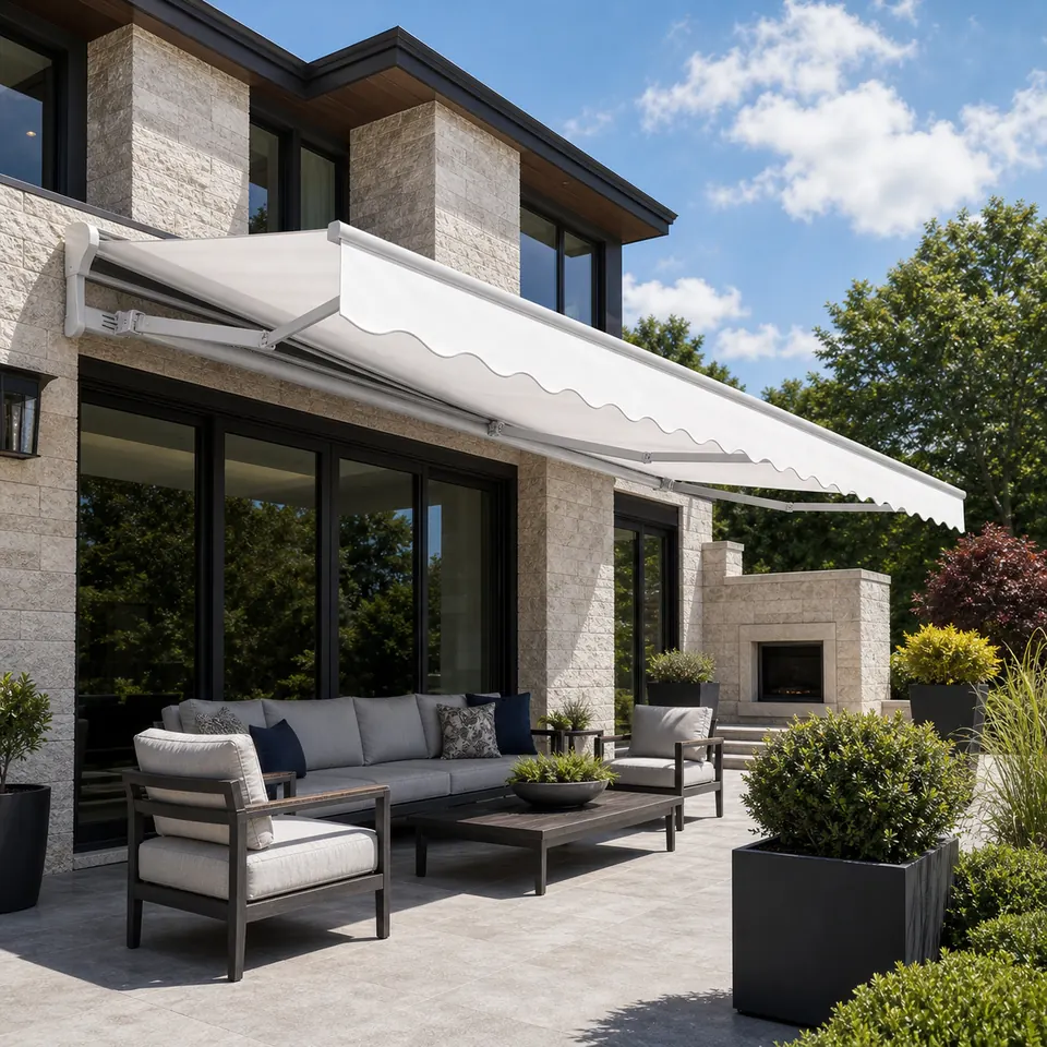 Light fabric retractable awning shading an outdoor seating area