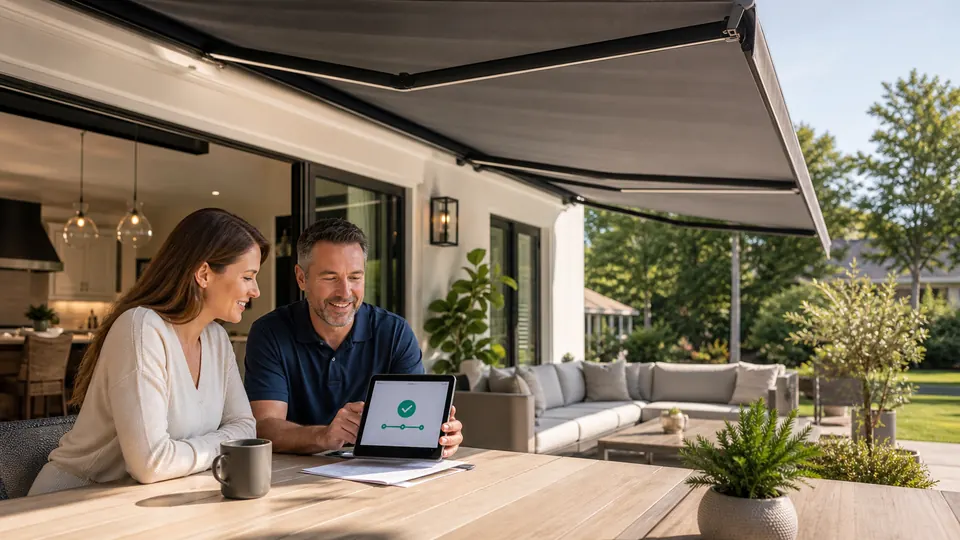 Homeowners reviewing outdoor living financing options on a tablet