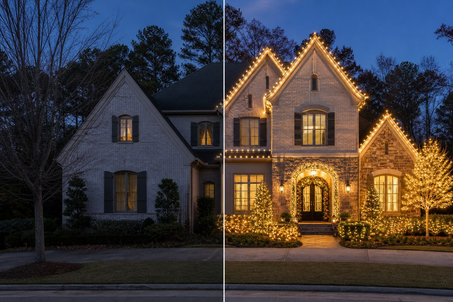 Before and after professional holiday lighting installation