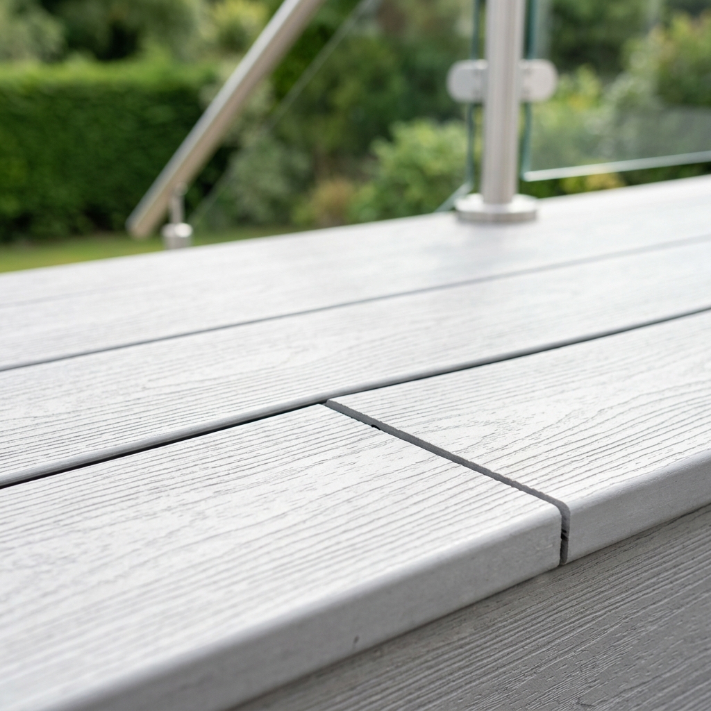 Close-up of finished deck surface and railing