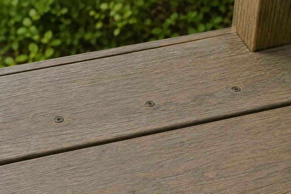 Deck screws secured flush with the wooden board after tightening