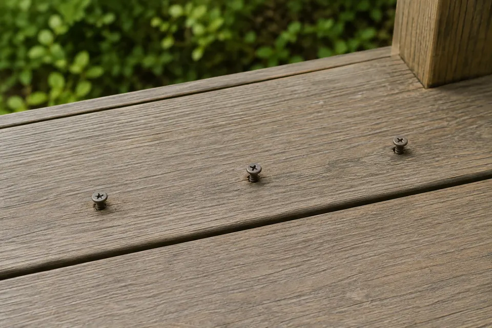 Three loose screws protruding from a wooden deck board before tightening