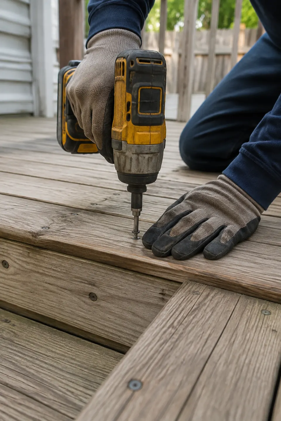 Technician securing loose wooden deck boards flush with the surface