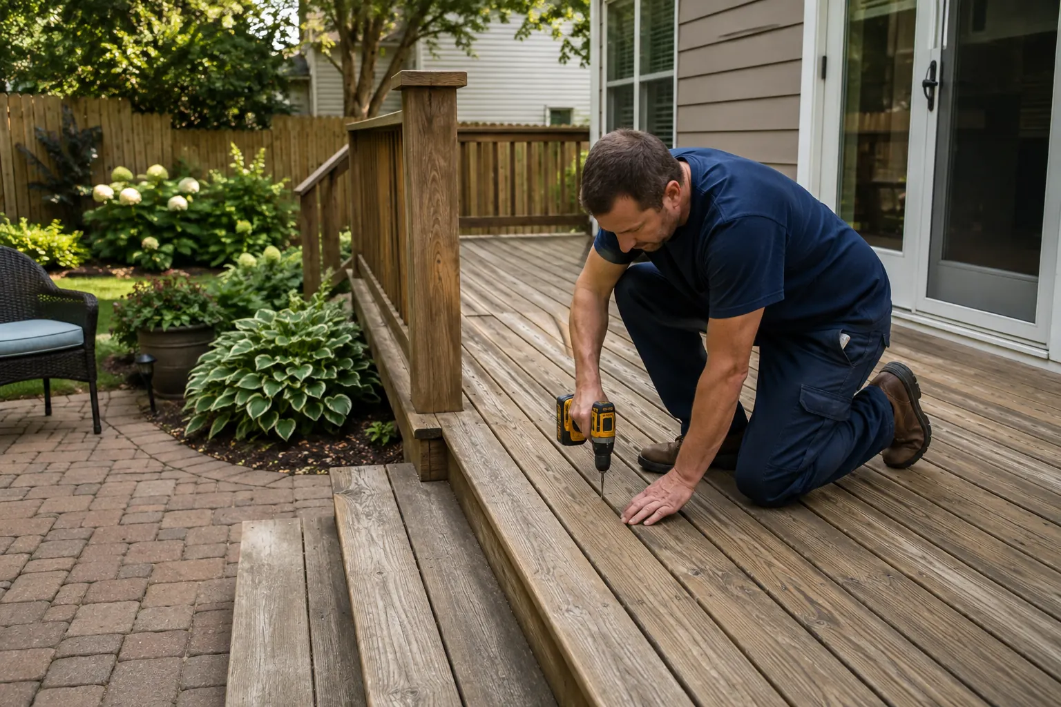 Deck and patio prepared for board and railing maintenance