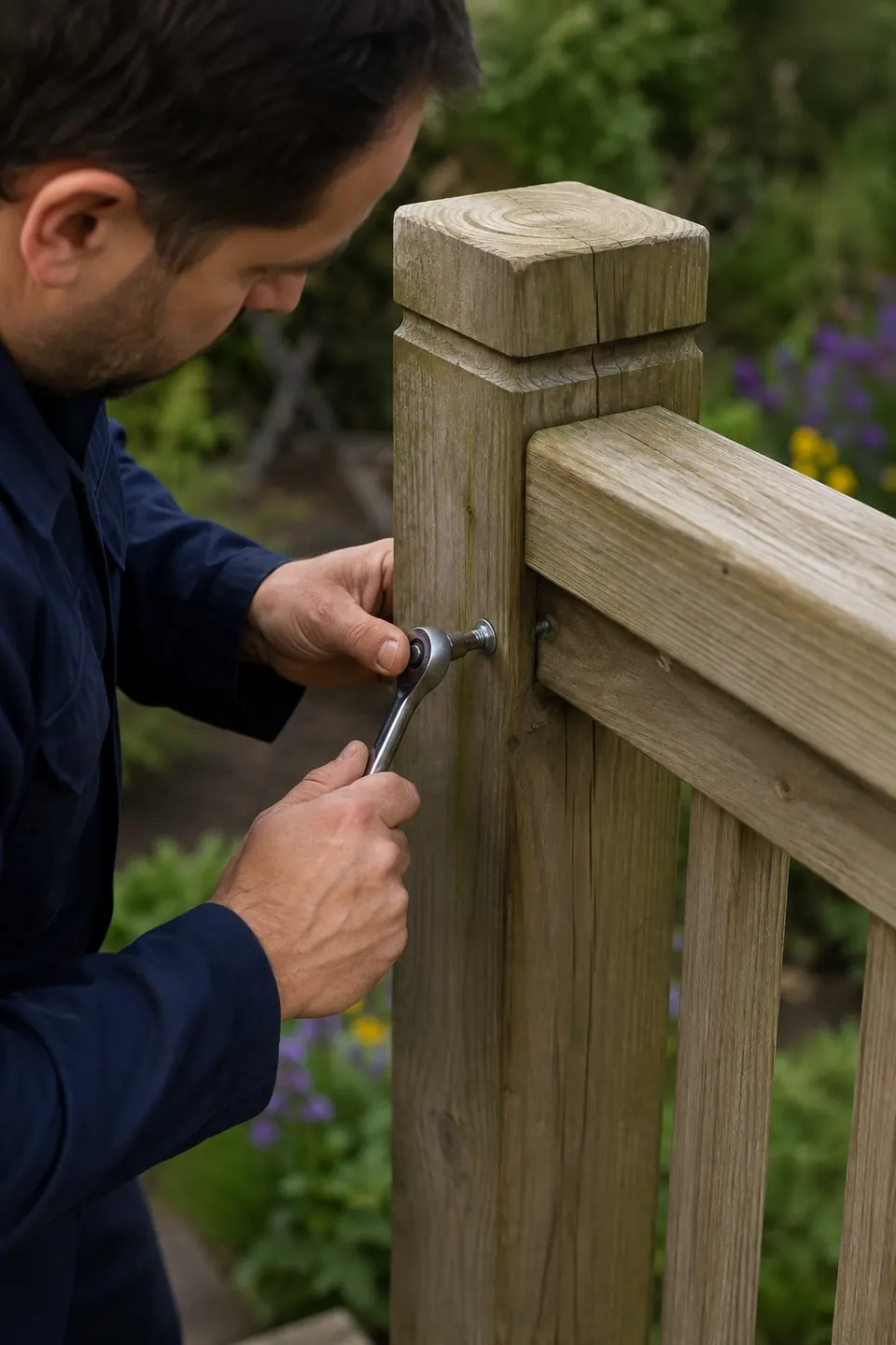 Technician tightening a wooden deck railing connection